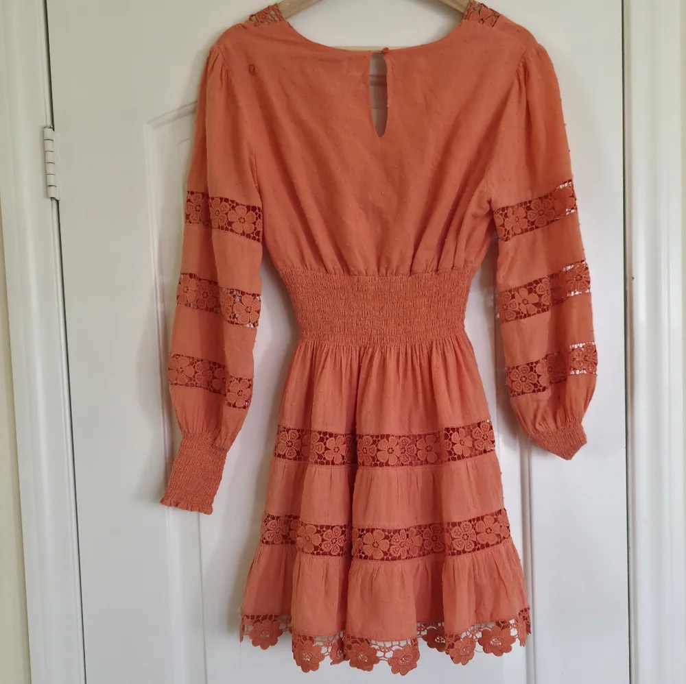Organge Lace Cottagecore Mini Dress Long Sleeves Romantic Boho Prairie Smocked - Picture 5 of 10